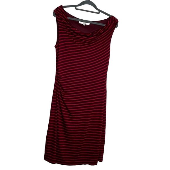 LOFT Ann Taylor Bodycon Ruched Side Dress Tencel Blend Red Navy Stripe Medium - Picture 1 of 10